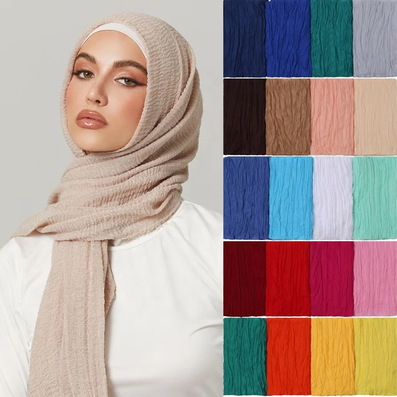 Pleated Plain Hijab Scarf Muslim Women Cotton Crinkle Headband Veil Scarves Fashion Islamic Headscarf Head Wraps Turban