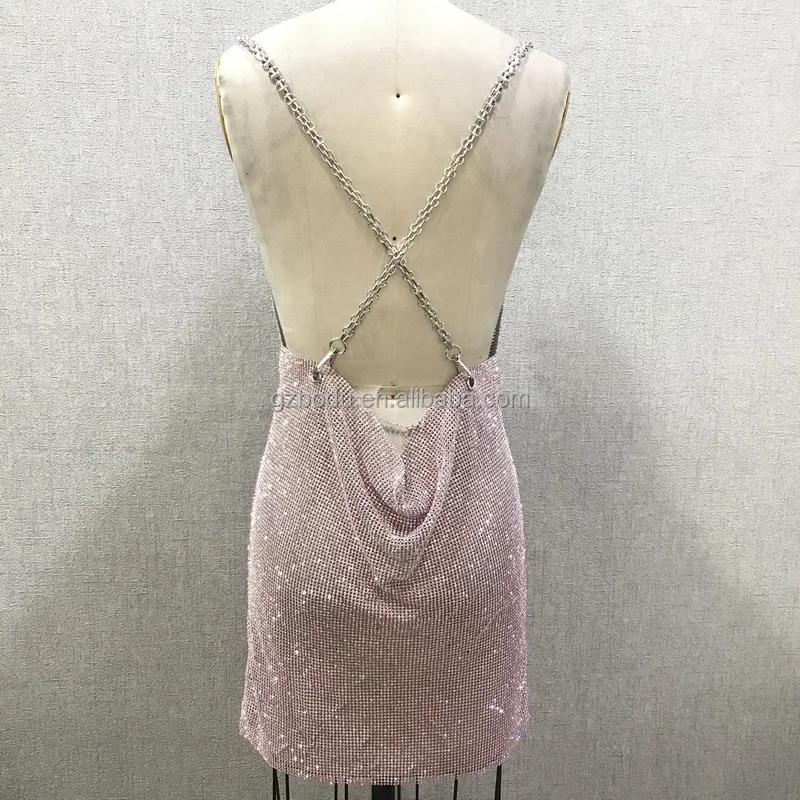 Zipper Sexy Party Crystal Mesh Dress Rhinestone Dress