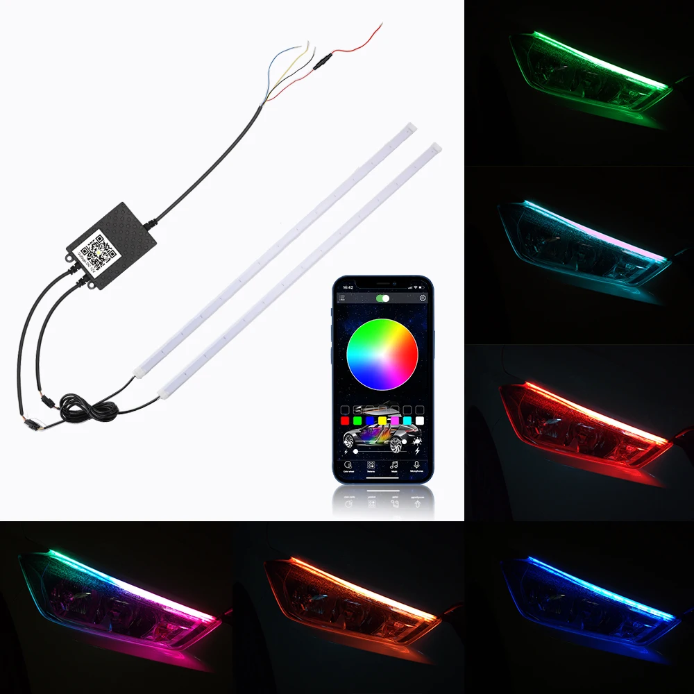 23.6 Inch 2pcs APP Control 12V DRL Car LED Light Strip Headlight Switchback RGB LED Strip Lights Waterproof
