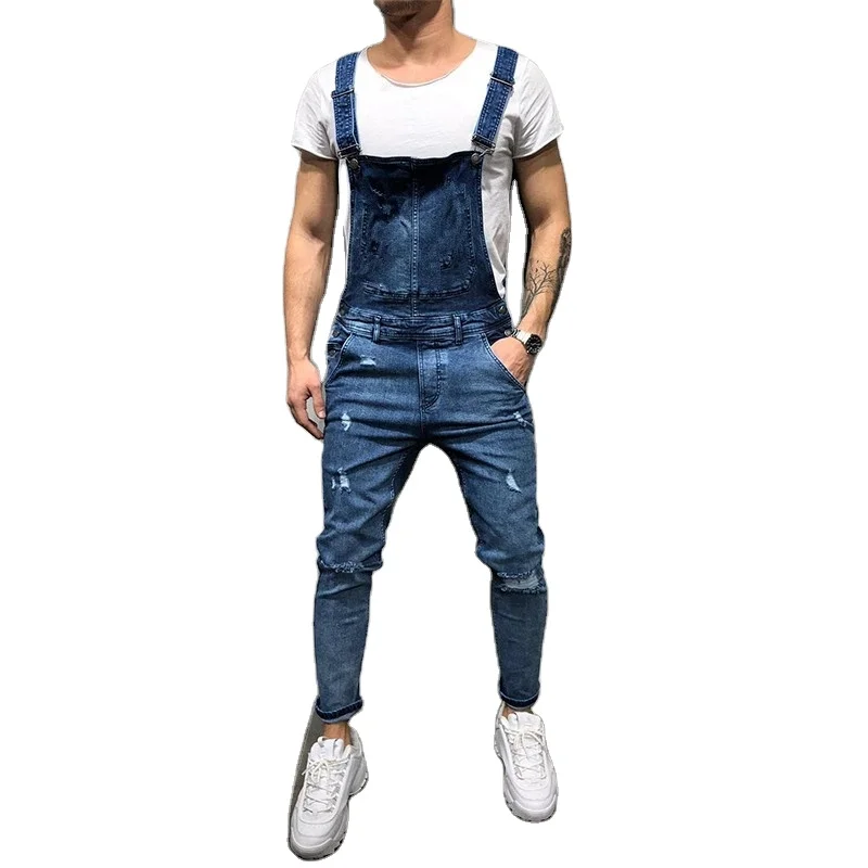 Men Stretch skinny Ripped biker Jeans Bib Overalls Jumpsuits jeans Man Streetwear casual elastic ripped dungarees male Pants