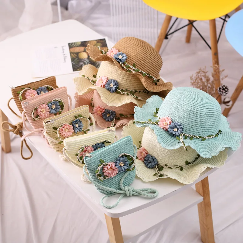 2024 New arrival Fashion Baby Straw Caps Children Summer Beach Straw Bag Straw Hat 2Pcs/Set