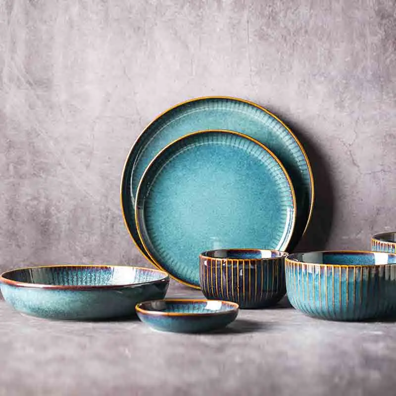 nordic kitchen arabic crockery western blue reactive glaze emboss stoneware ceramic plate dinnerware set
