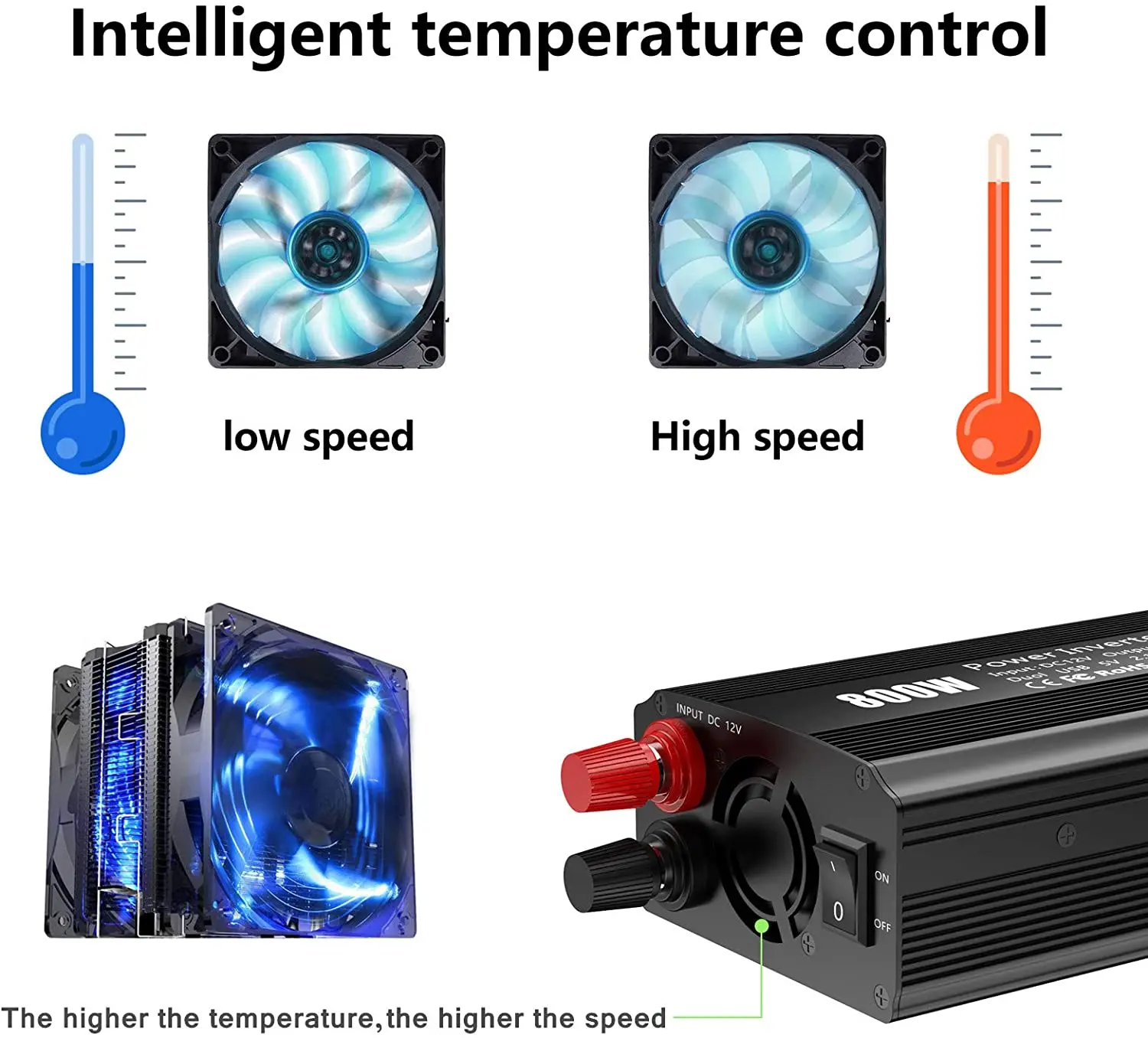 Power Inverter 800W 12V DC To 110V 220V AC Modified Sine Wave With Dual 2.1A USB And AC Outlets