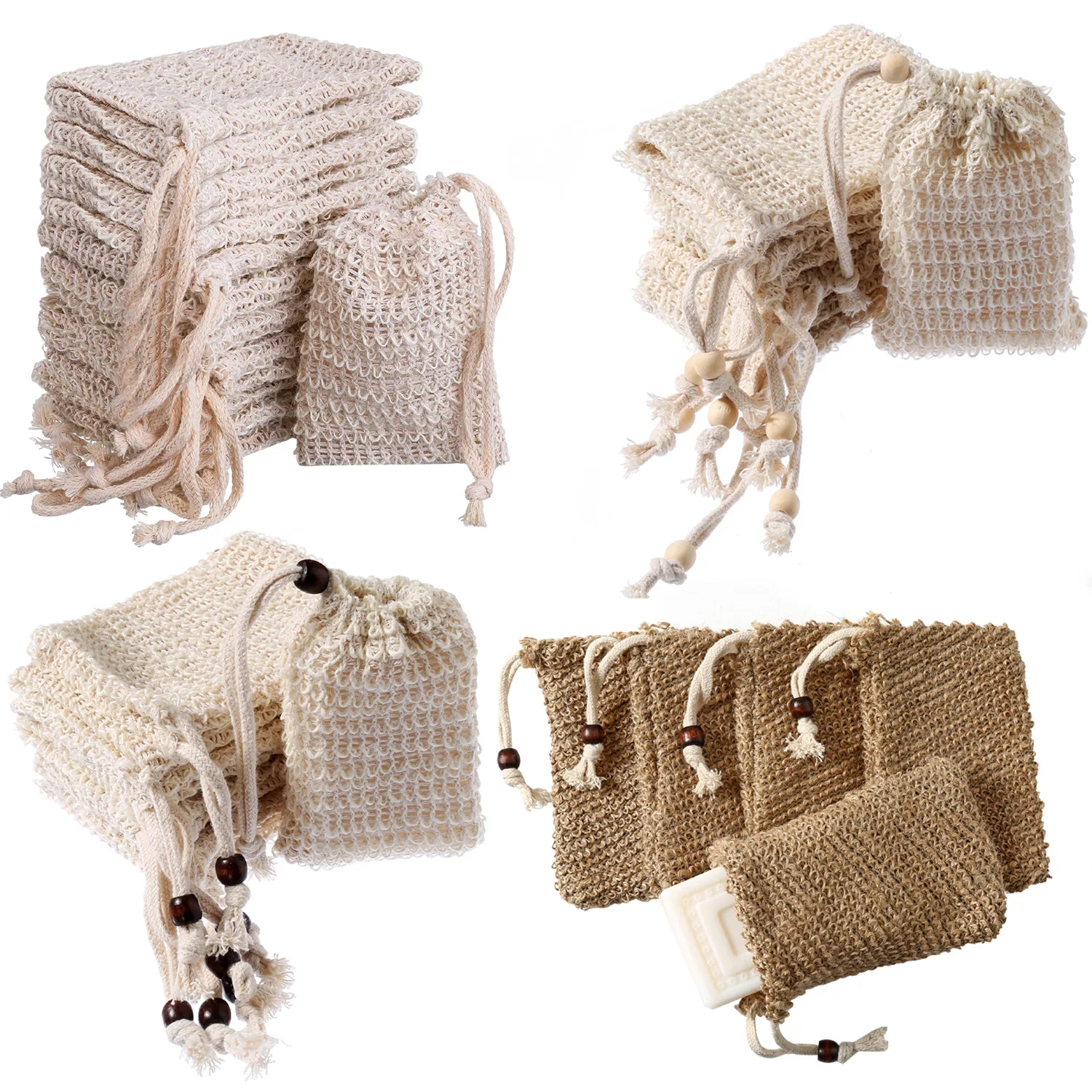 Natural Sisal Exfoliating Soap Pouch For Foaming Wholesale Mesh Soap Bag Mesh Net The Bars Shower with Drawstring Soap Pouch
