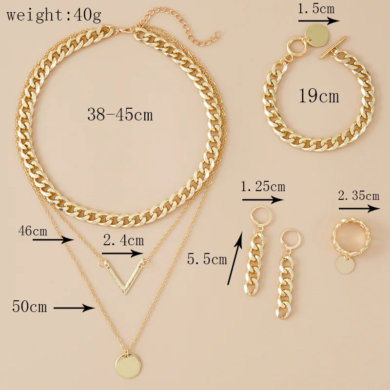 Quality Fashion Jewelry Set Gold Layered V Pendant Necklace Women Cuban Chain Necklace Bracelet Earring Ring Set