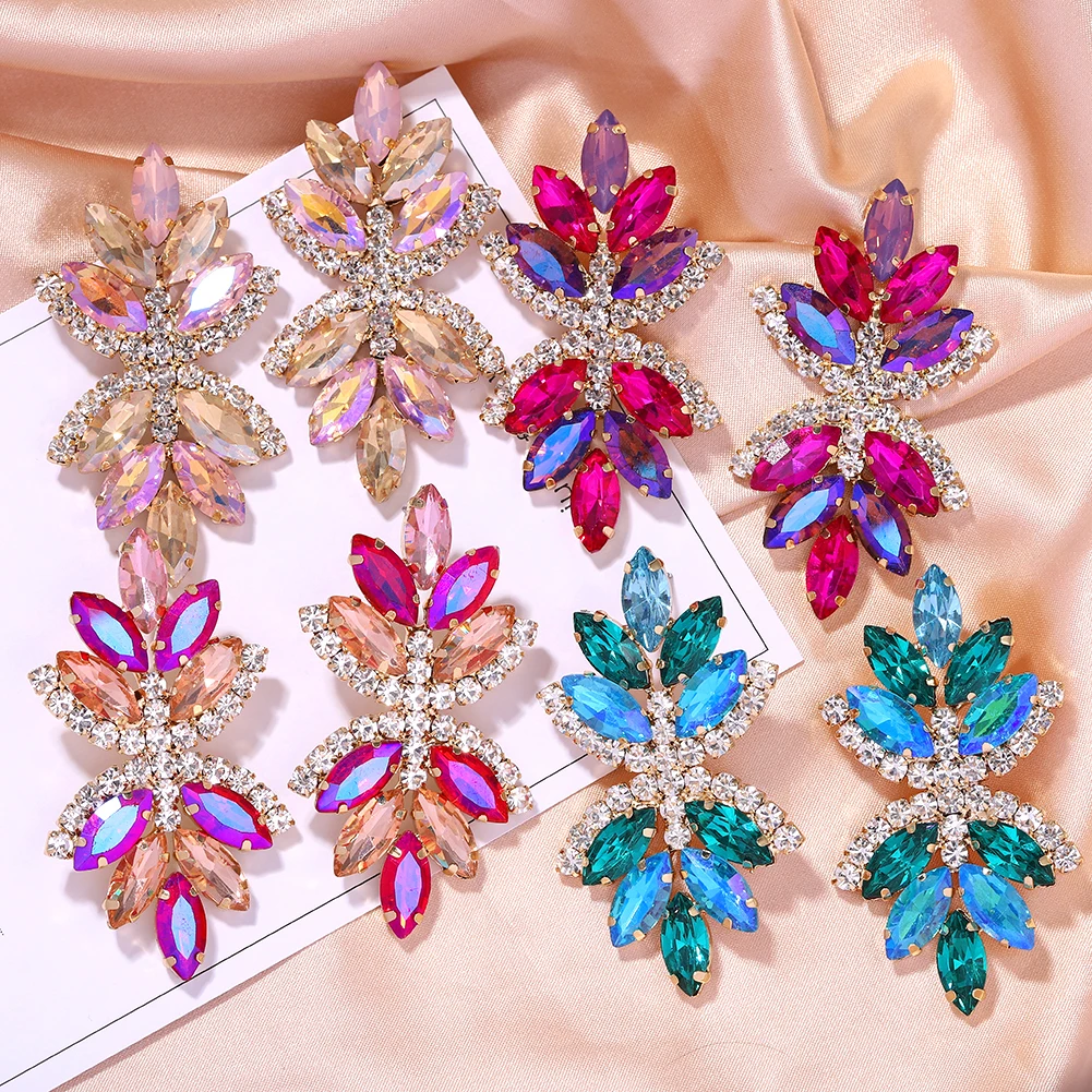 Dvacaman 2021 Wholesale Fashion 4 Colors Alloy Colorful Glass Drill Rhinestone Flower Drop Dangle Earrings Jewelry For Women