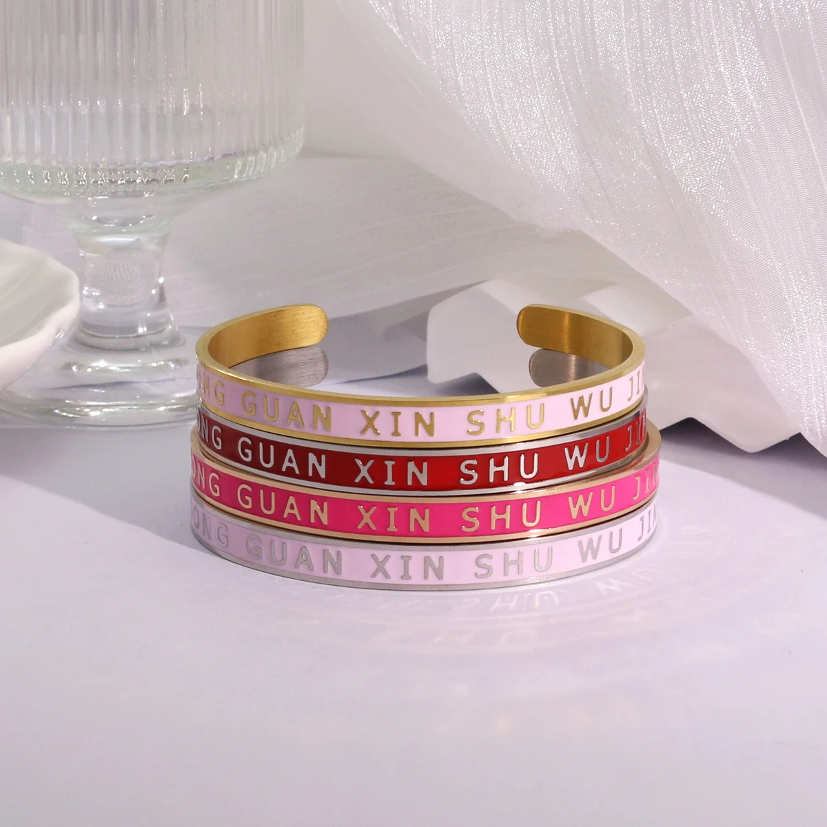 Custom Luxury jewelry Stainless steel color enamel Enamel drops glue Bangle Letter cuff C-shaped bracelet Bangle Custom LOGO