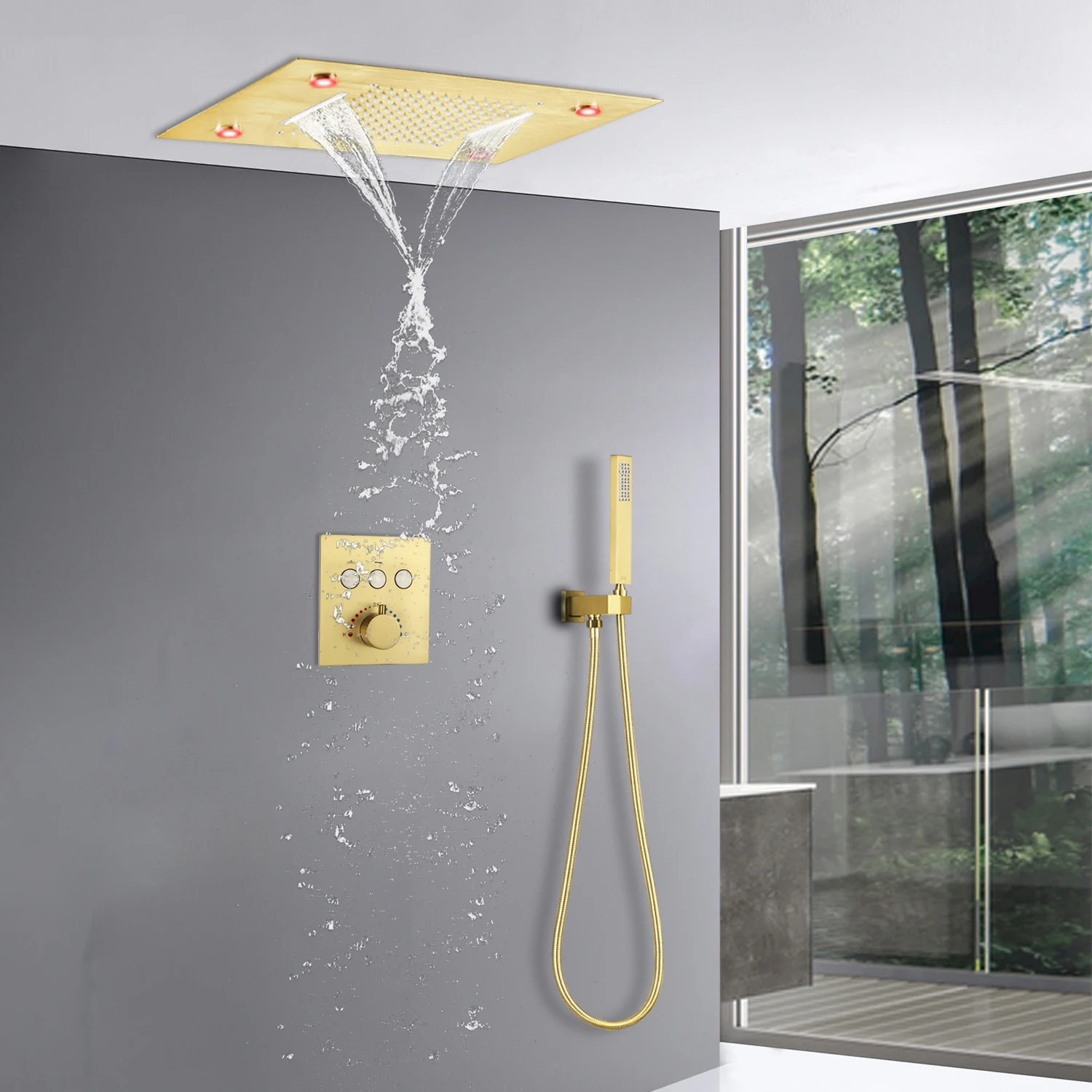 Ceiling Shower System 20x14 Inch Large LED Shower Head Rain Waterfall Bath Gold Faucets Set With Thermostatic Mixer Valve