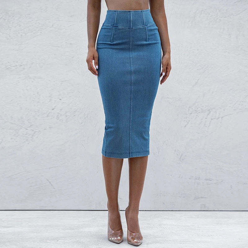 Wholesale Casual Elastic High Waist Midi Slim Pencil Long Denim Skirts for Women Girls