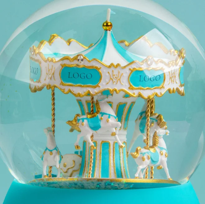 Custom logo gifts Resin Souvenir Water Globe luxury snow ball Music Automatic Snow Functions carousel horse Snow Globe with logo