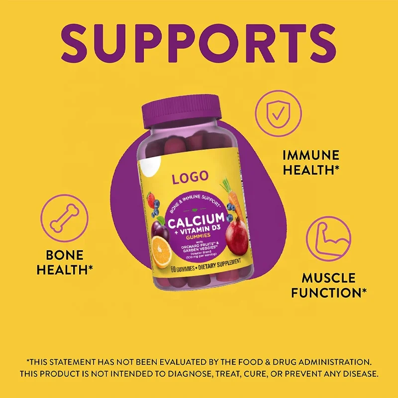 Private Label Vitamin D3 Calcium Gummies Fruits And Veggies Vitamins Tricalcium Phosphate Calcium Phosphprus Gummy Candy OEM ODM