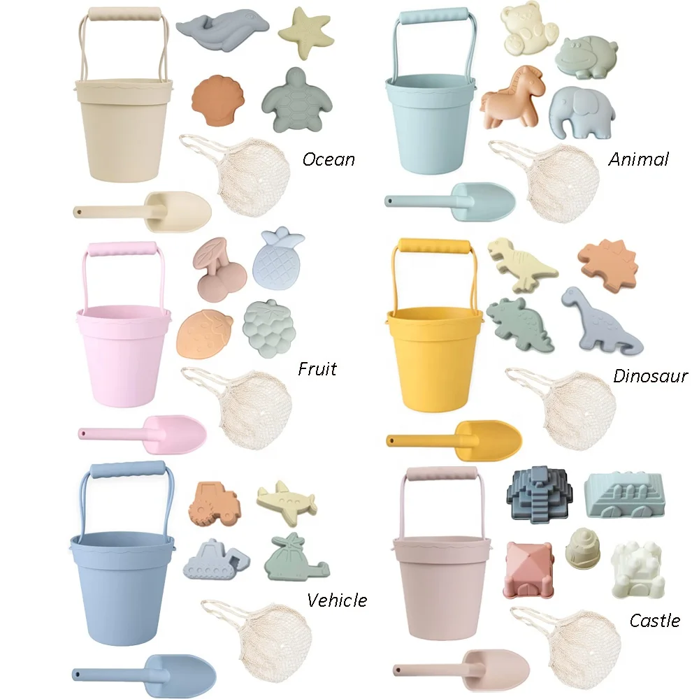Экологичные силиконовые пляжные игрушки для детей ведро и лопата с сумкой аксессуары океан фрукты динозавры автомобиль замок