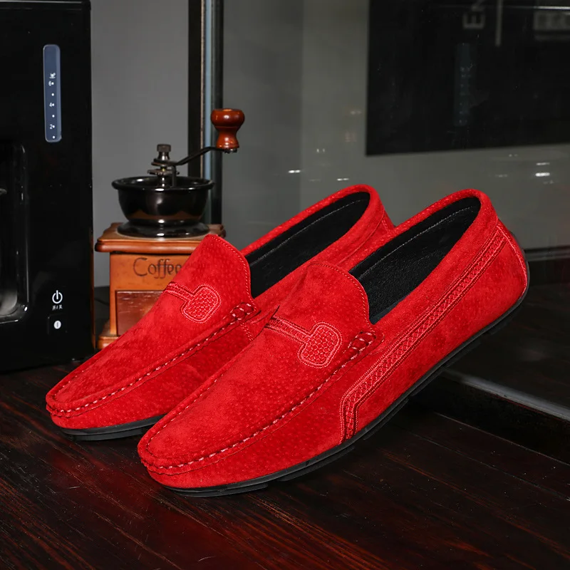Men Casual Suede Leather Loafers Red Solid Leather Driving Moccasins Slip on Men Shoes Big Size