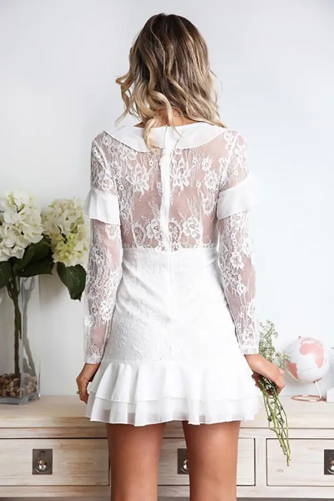 Long Sleeve Dress Lace Mini Slim Dresses with Ruffles White V-neck Embroidery Casual Dresses Summer Spaghetti Strap Pleated Full