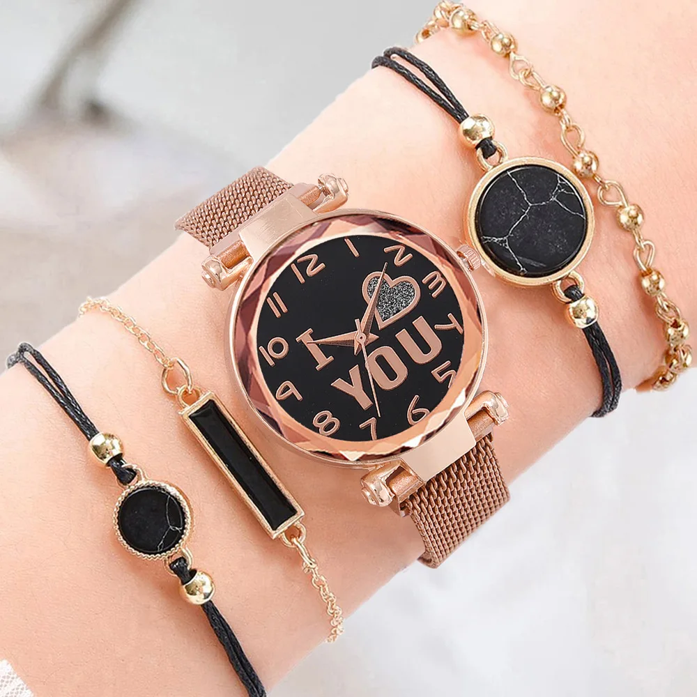 Luxury Quartz Starry Sky Heart Dial Ladies Wrist Watches Magnetic Mesh Band Watch and Bracelet Set