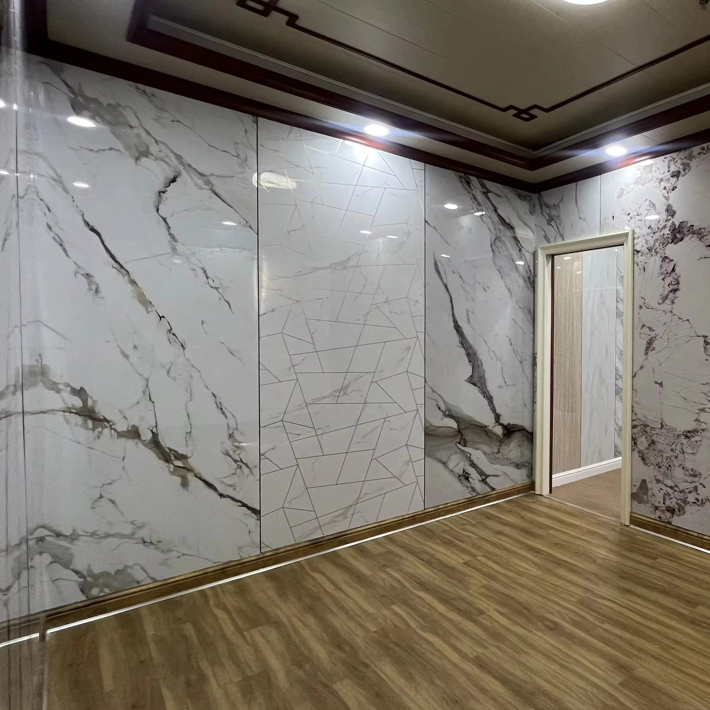 1-Modern UV Coated PVC Wall Sheet Waterproof Marble Office Walls Ceiling Decoration for Hotel 3D Model Projects