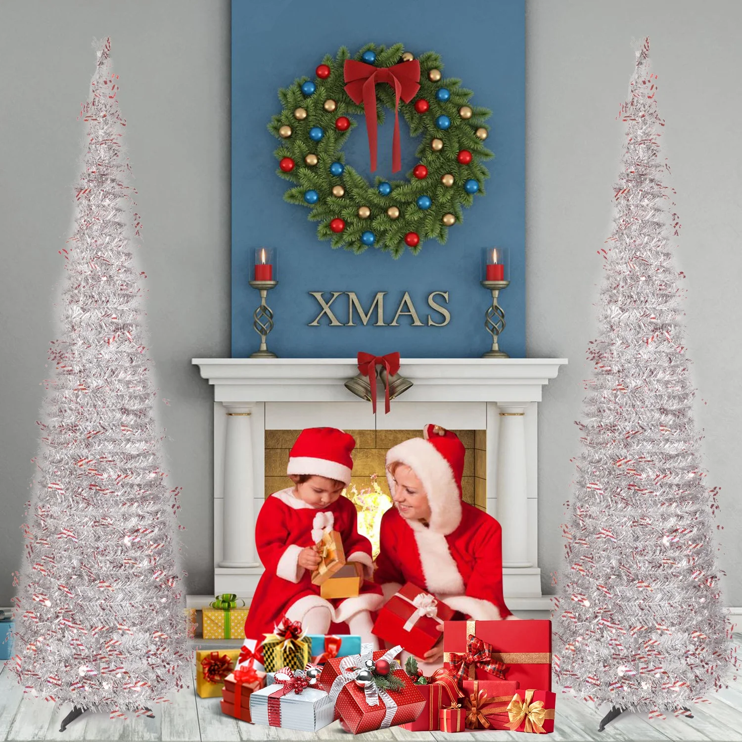 1.8M 6FT White Color Snowflakes Christmas Tree Assembly POP-UP Collapsible Artificial Tinsel for Home Store Xmas Tree Decoration