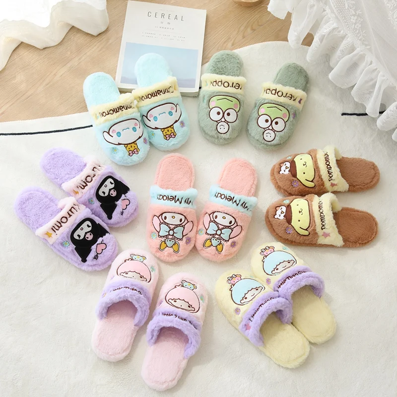 Оптовая продажа Мультяшные плюшевые тапочки Sanrio Kuromi Melody Frog модная домашняя обувь мягкие теплые для взрослых и детей