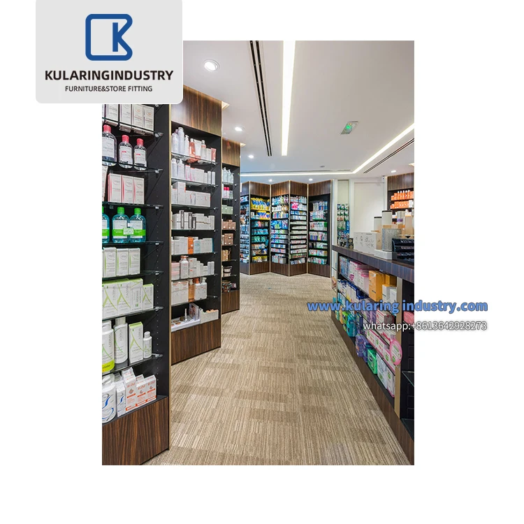 Retail Pharmacy Decoration Customized Medical Pharmacy Shop Glass Wood Furniture Shelves Cabinet For Pharmacy Store Display
