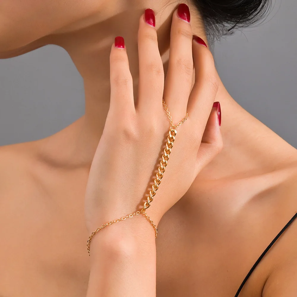 Creative Gold Chain Bracelet Finger Ring Minimalist Gold plated Beads Connecting Hand Harness Women Fashion Jewelry