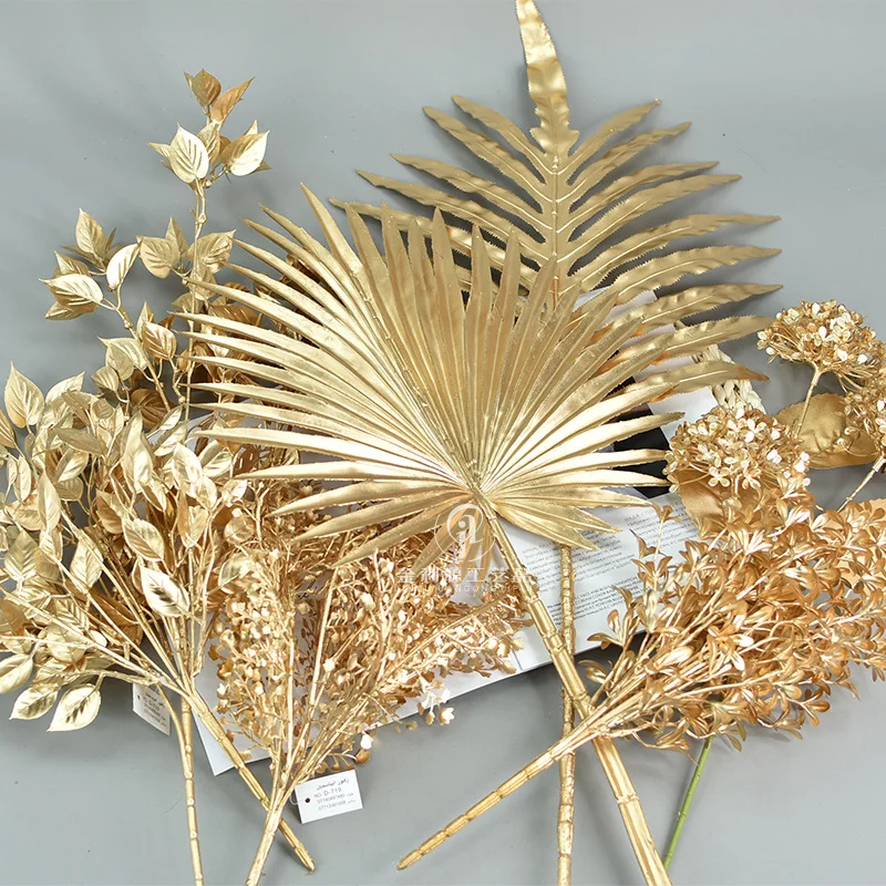 Event Decoration Supplies Gold Hydrangea Artificial Flower Bamboo Leafes Persian Palm Leaf Decorations for Home Luxury