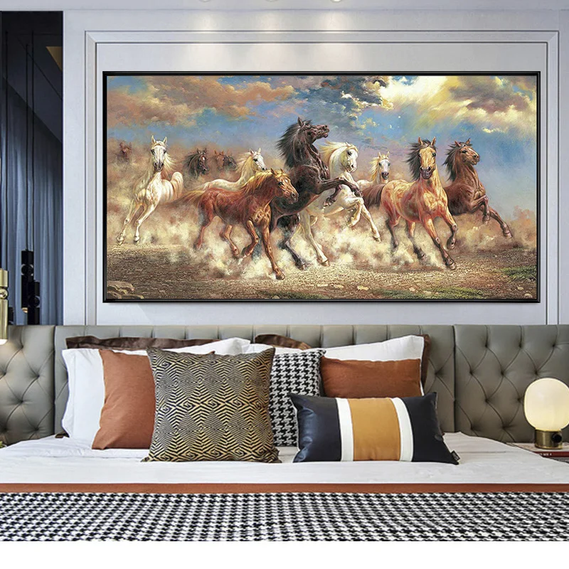 Wholesale realistic animal famous wall art running 8 horses painting