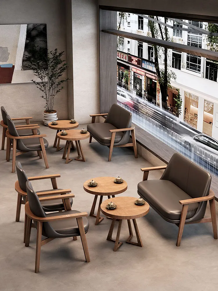 Solid Wood Catering Milk Tea Shop Commercial Cafe Table and Chair Combination Rest Area Reception Guest Negotiation Sofa