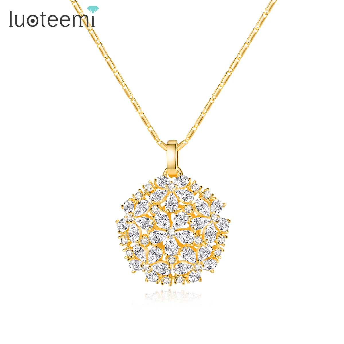 LUOTEEMI New Luxury Small Pendants Necklace 3A Clear Cubic ZIrconia Elegant Big Flower Women Bridal Engagement Wedding Necklaces