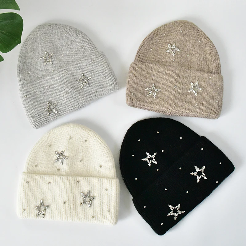 Winter Women Angora Knitted Long Hair Wool Beanie Shiny and Sparkling Diamond Hat Knit Beanies With Jewels Decoration