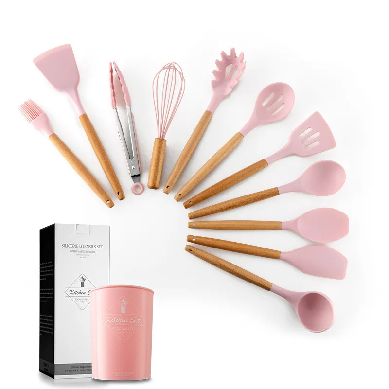 11 Pcs Silicone Cooking Utensils Kitchen Utensils Set Heat Resistant Wooden Handle Silicone Cooking Kitchen Utensils Set