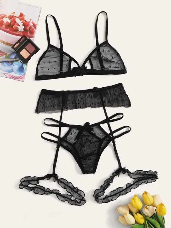 European and American sex appeal mesh bra panty garter three-point set