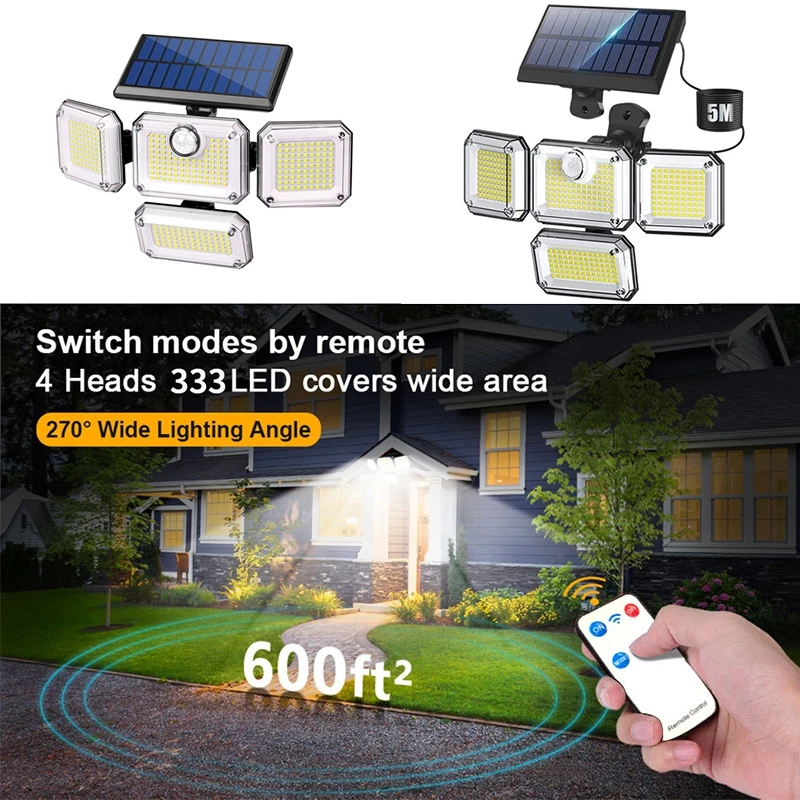 Solar outdoor lights 3 head adjustable wireless solar sensor wall lights security PIR DIM garden lights with remote 333leds