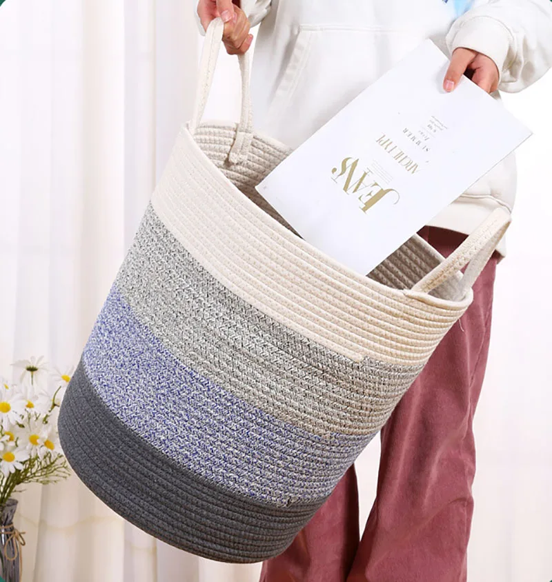 High Quality Cotton String Weaved Clothes Dirty Laundry Basket Storage Baskets Bins with Lid Practical Storage Organizer