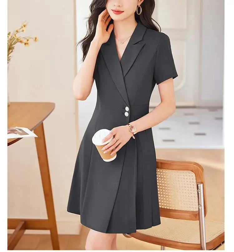 Women Office Suit Dress Solid Short Sleeve Pleated Trimmed Dress for Work Wholesale Plus Size Natural Woven Simple Midi Formal