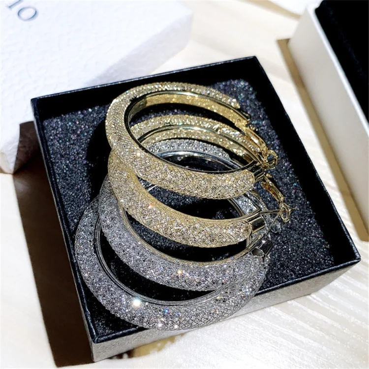 The New Silver Needle Earrings Exaggerated Trend Inlaid Rhinestone Large Circle Temperament Earring