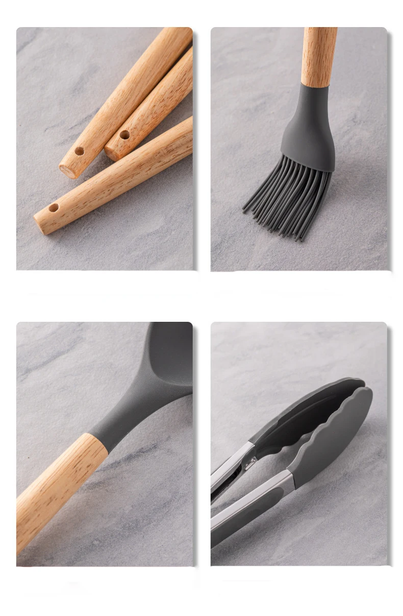 Cheap 12pcs set Silicone Kitchen Utensils Wooden Handle Non Stick Pot Baking Cooking Spoon Brush Silicone Sets