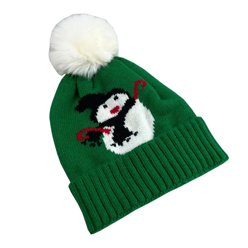 2024 Unisex Plush Knitted Beanie Hat Acrylic Snowman Christmas Hat with Fur Ball for Children Winter Daily Use Festivals