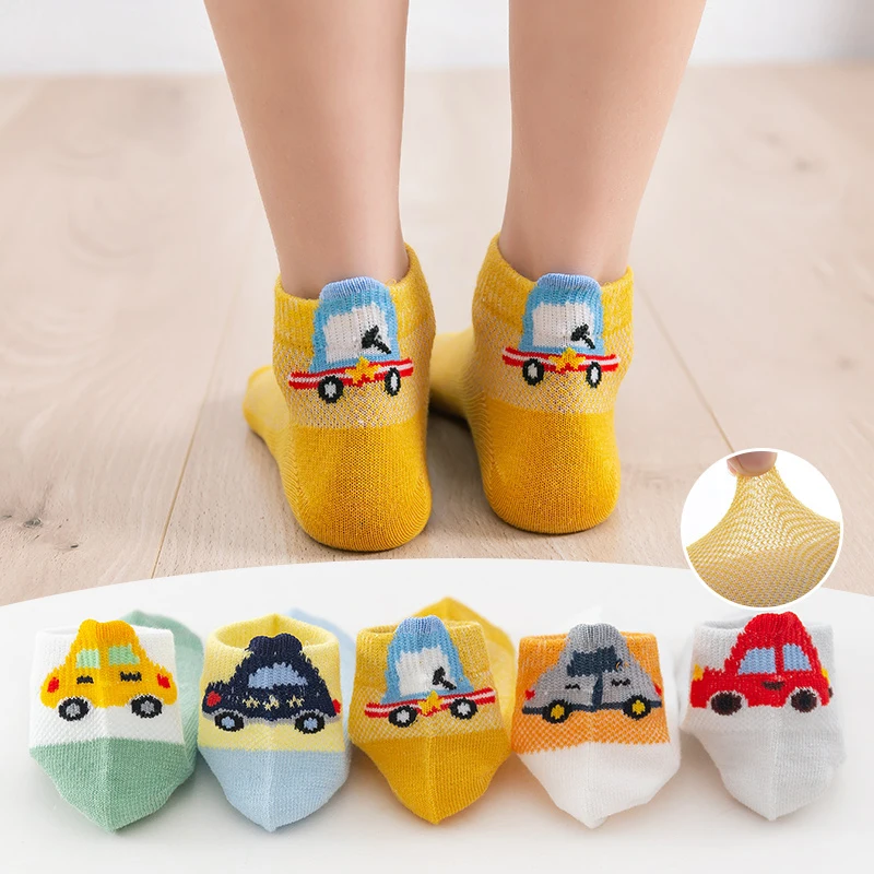  A130 High quality 5 Pairs/Set non-slip mesh baby socks cartoon 3D car cute breathable kids