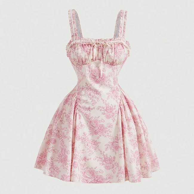 Custom Summer Vintage High Waist Mini Casual Boho Sleeveless Cami Floral Dress