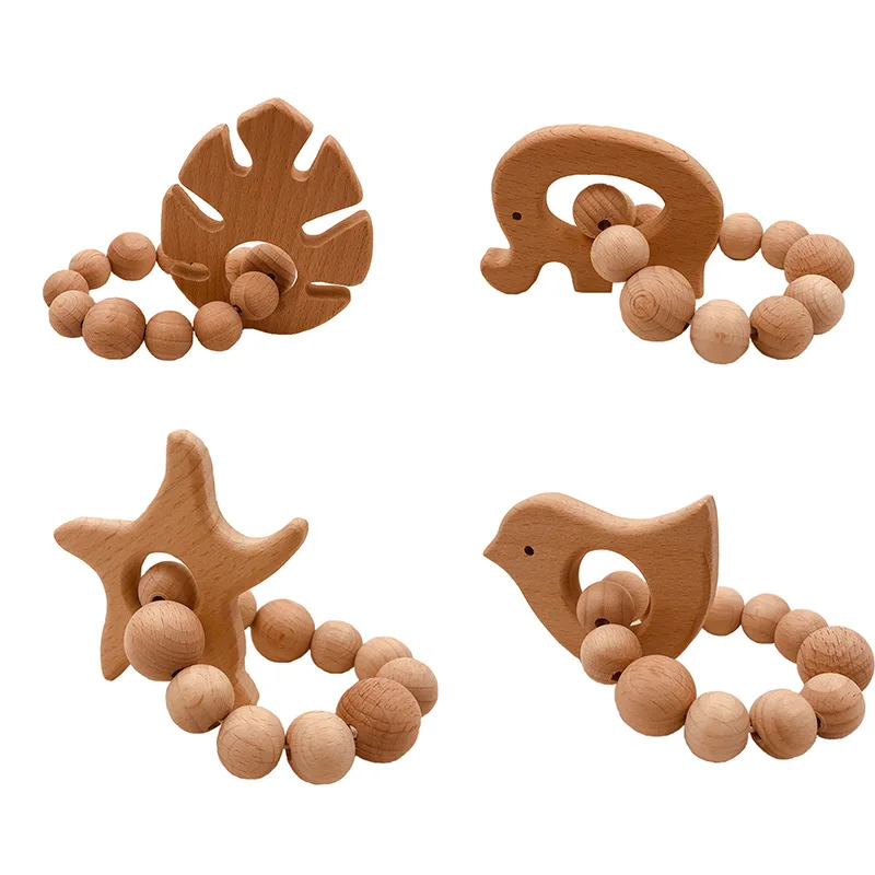 New Designer Baby Teeth Toy Safe Molar Wooden Teether Beech Wood Beads  Cartoon Animal Teether   Baby Wooden Teether Bracelet