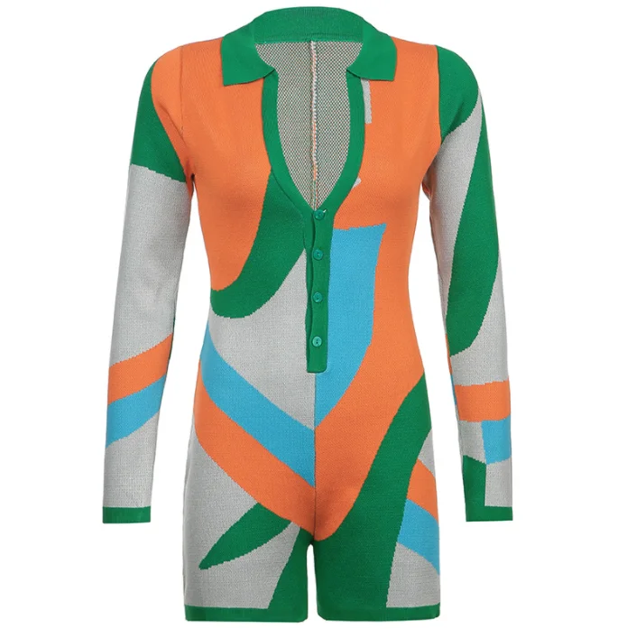 2022 Polo Collar Bodysuits For Women V Neck Short Rompers Patchwork Knitted Short Jumpsuits