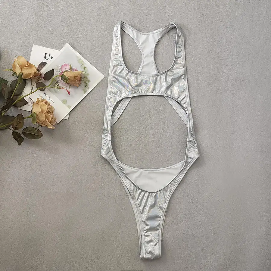 Hot Open Metallic One Piece Swimsuit Sexy Hollow Out Thong Bikini Custom Logo Women Swimwear 2024