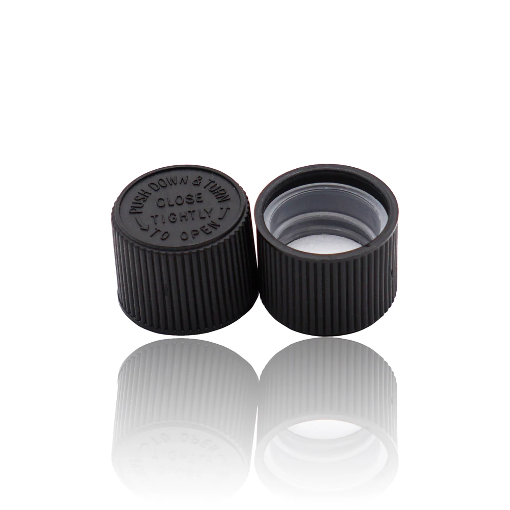 
Child resistant cap black screw tamper evident cap 18/410 ribbed closure 