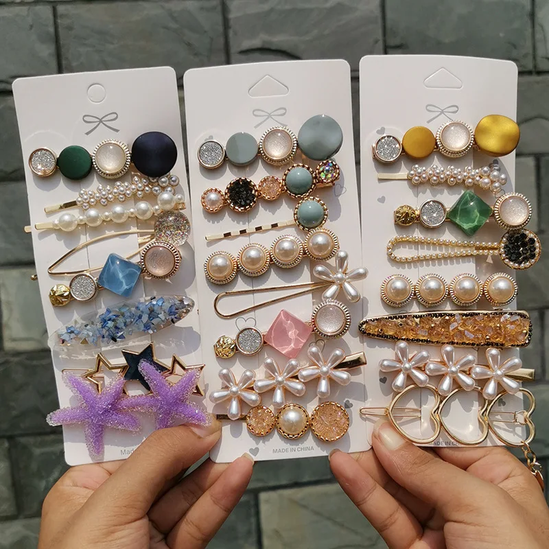 Wholesale Multistyles Geometric Hair Clip Set Pearl Crystal Butterfly Hairpin Clip