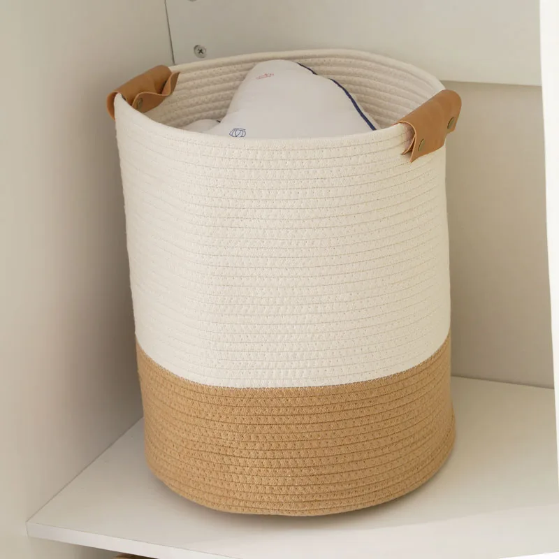 Leather Handle Large Cotton Rope Woven Laundry Basket Hot Color Collocation Capacity Storage Dirty Clothes