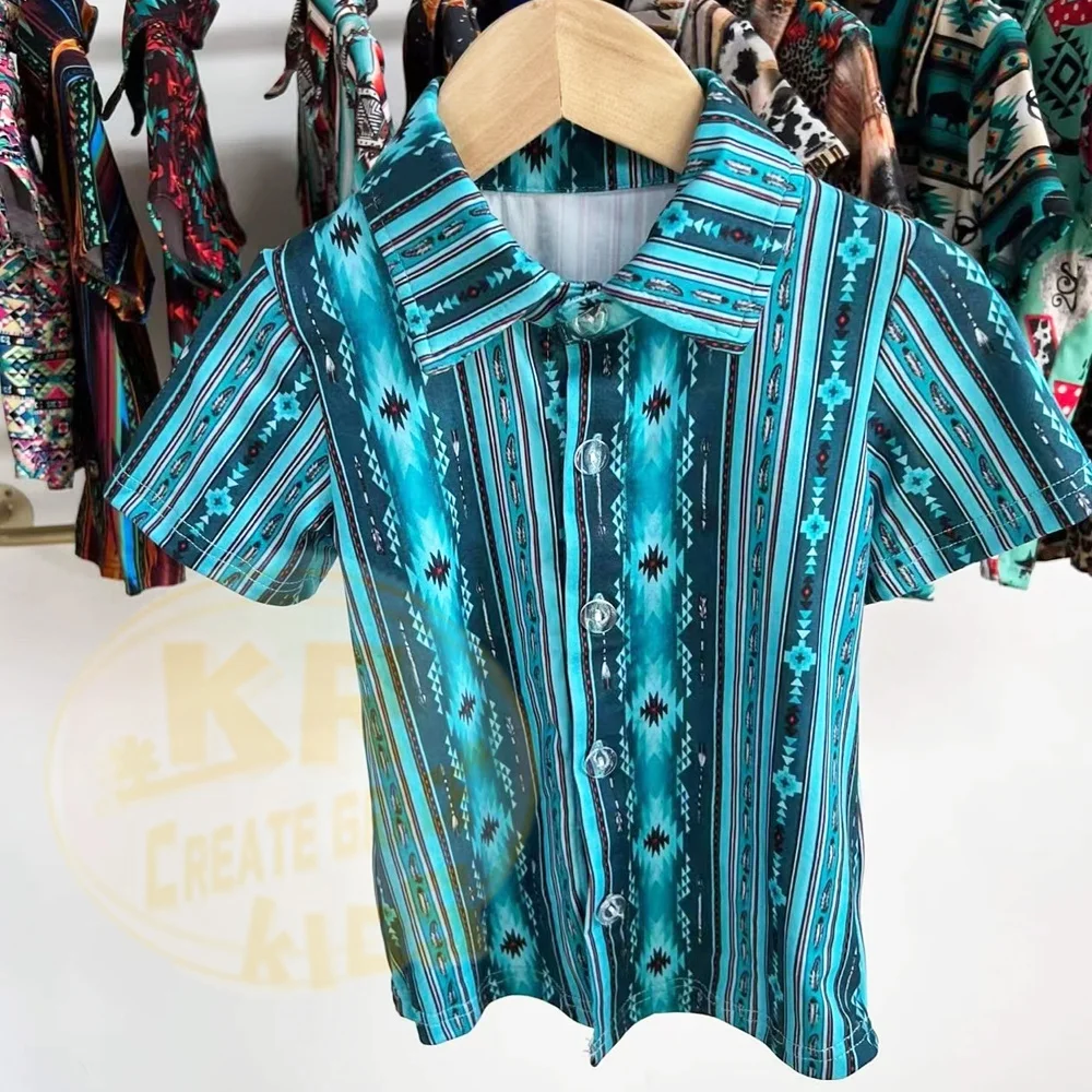 Hot selling western aztec cowboy printing boys t-shirt kids summer polo shirt custom kids baby cloth t shirts