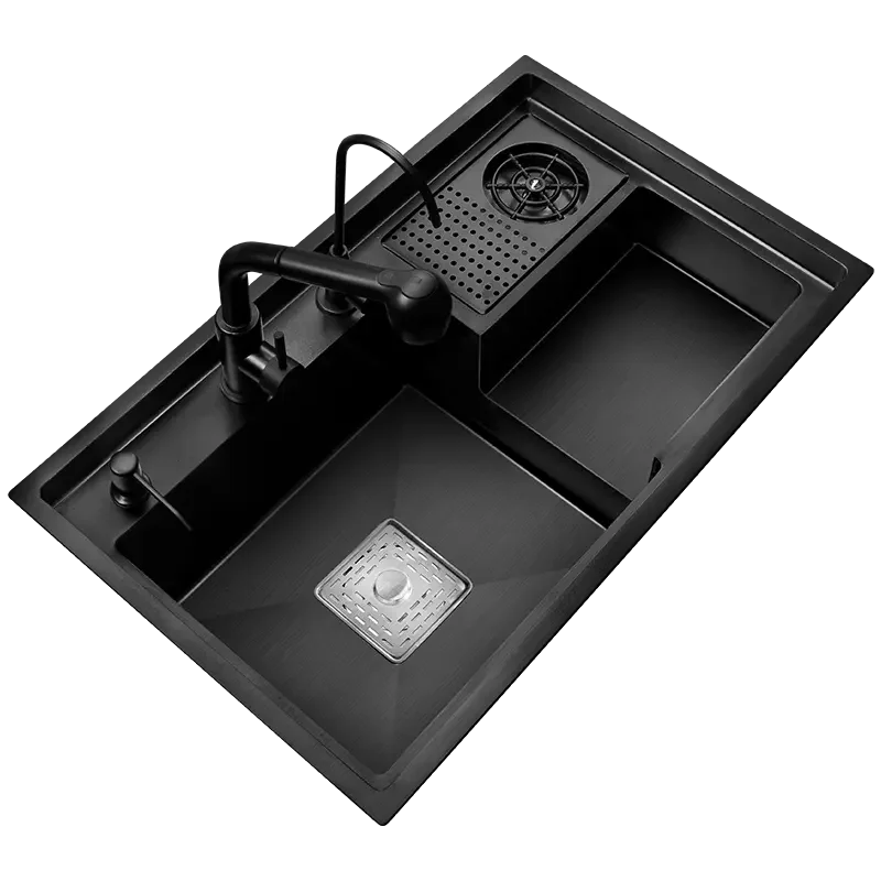 Single bowl black grey cutting board drain basket stainless steel 304 handmade kitchen sink with auto cup washer