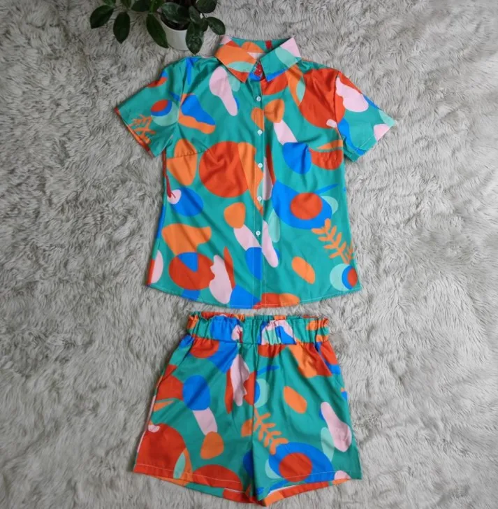 2022 summer women shirt top with shorts casual ol ladies designer flora printed casual two piece shirt short set