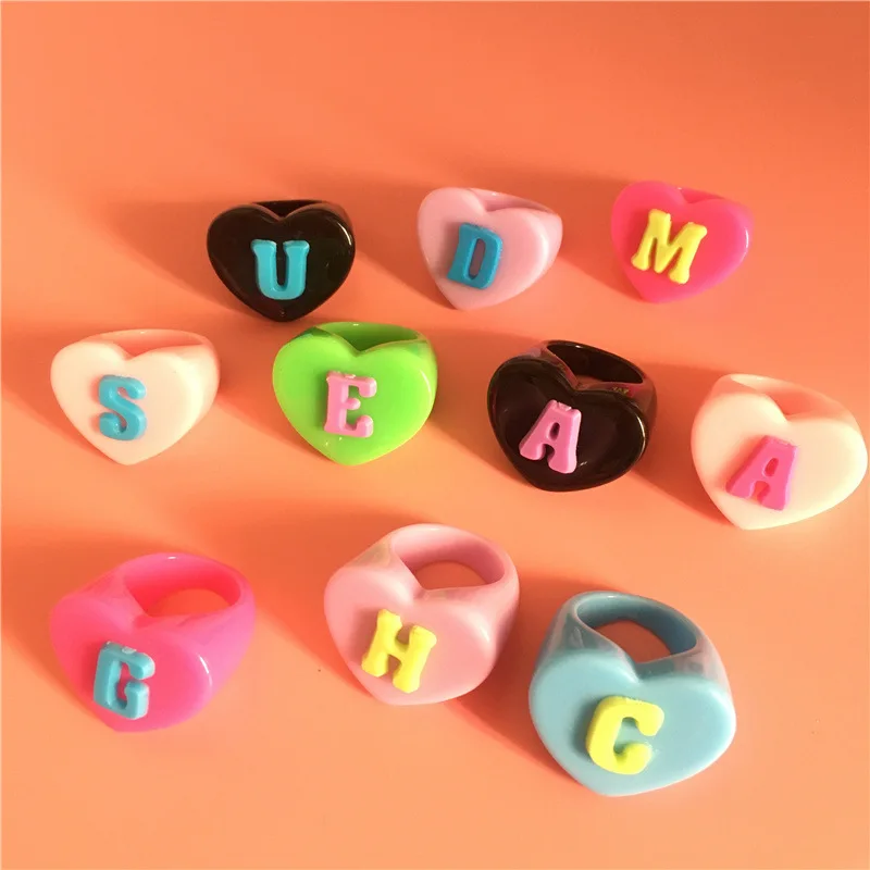 Y2K Jewelry 26 English Letter Rings for Women Acrylic DIY Harajuku Vintage Candy Color Rings Charms 90s Aesthetic Jewelry
