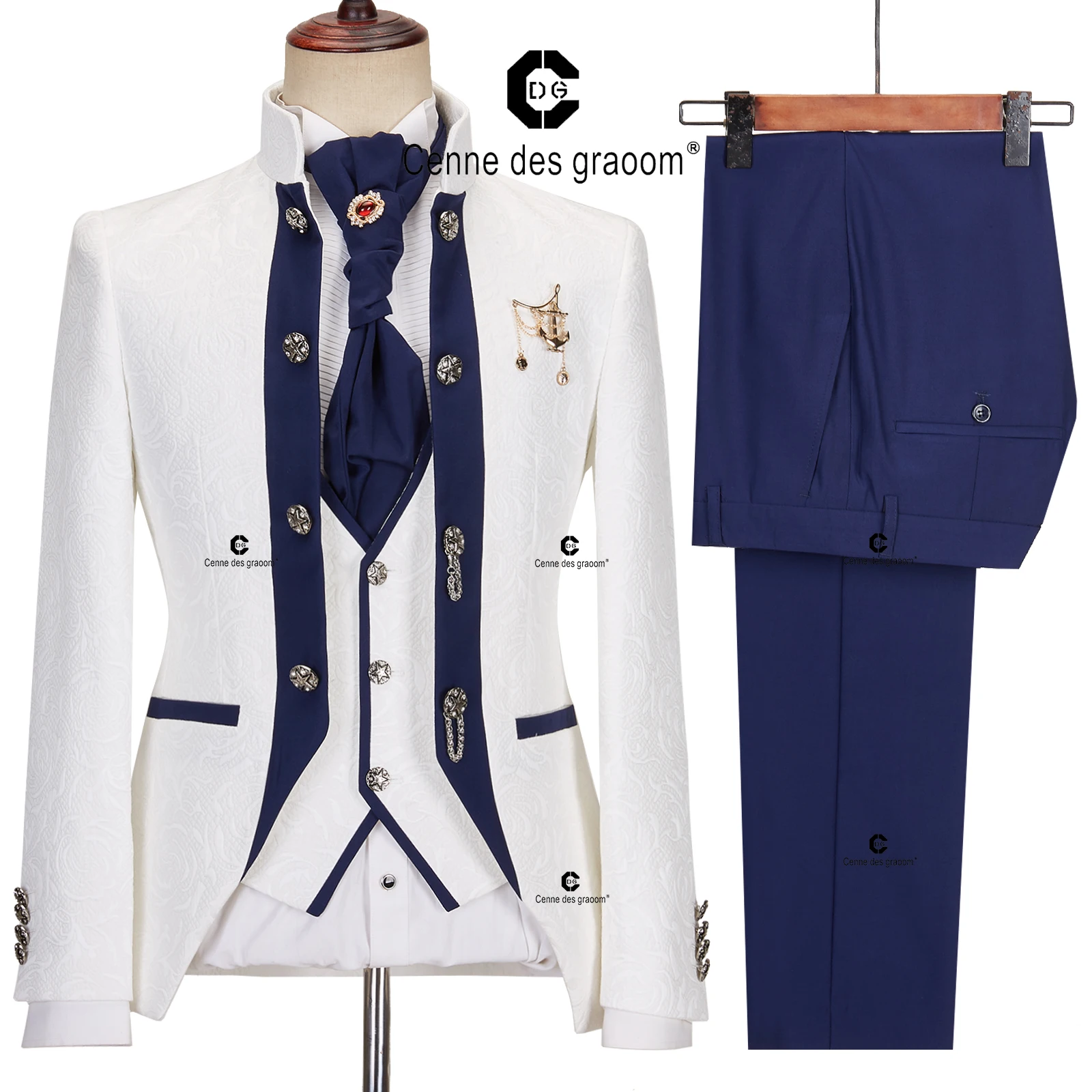 Cenne Des Graoom 2024 Elegant Suits for Men White Tuxedo Jacket Vest Pants with Bowtie 4pcs Set Wedding Dress Dinner Party
